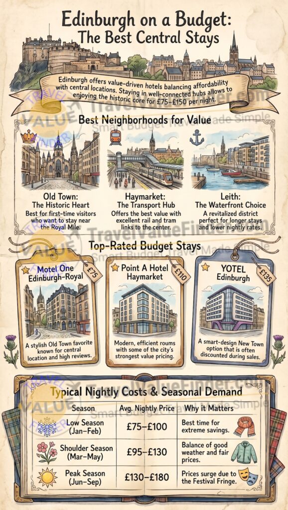 Best Budget Hotels in Edinburgh, Scotland - Affordable & Central Stays - Infographic