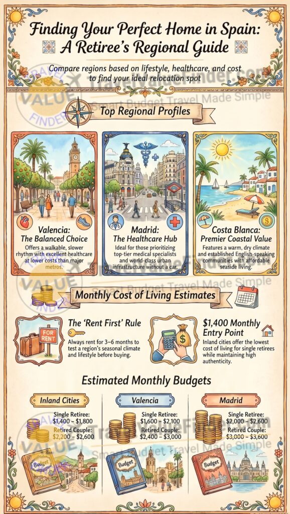 Best Places to Live in Spain After 55 - A Practical Comparison for Retirees - Digital Nomad- Infographic