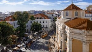 Lisbon Budget Hotels Street with Historic Tram
