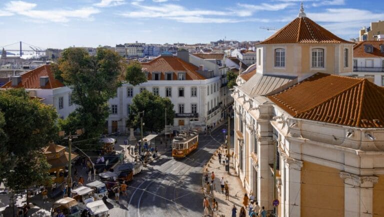 Lisbon Budget Hotels Street with Historic Tram