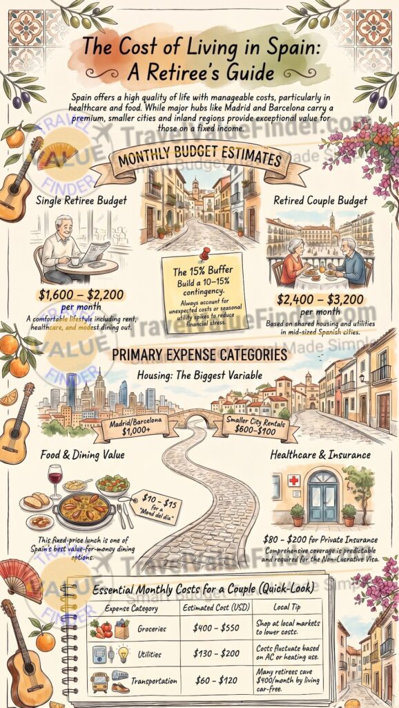 Cost of Living in Spain for Retirees: Real Examples & Planning Tips 2 Cost of Living in Spain for Retirees & Expats - Real Examples & Planning Tips - Infographic