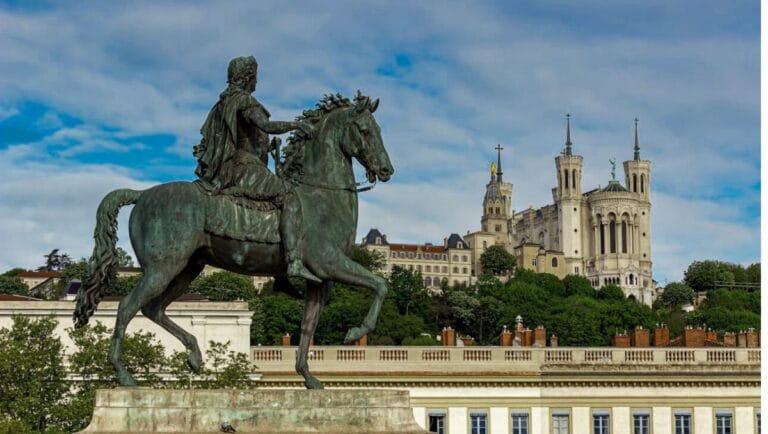 A Complete Guide to Visiting Lyon -Equestrian Statue of Louis XIV and Basilique Notre-Dame de Fourviere, Lyon, France