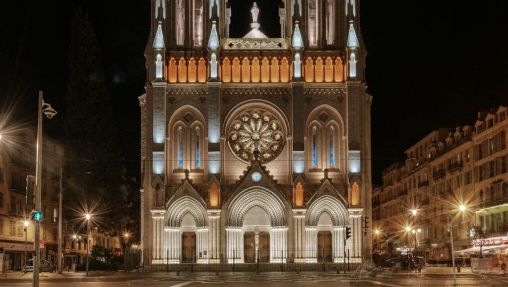 A Complete Guide to Visiting Nice - Illuminated Catholic cathedral at night
