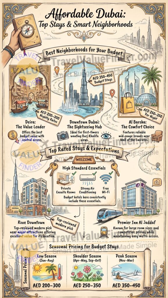 Best Budget Hotels in Dubai (Affordable & Well-Located Stays for 2026) 2 Infographic - Best Budget Hotels in Dubai - Affordable & Cheap Stays