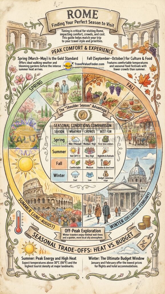 Infographic Explaining the Best Time to Visit Rome Weather Crowds Costs and Travel Tips
