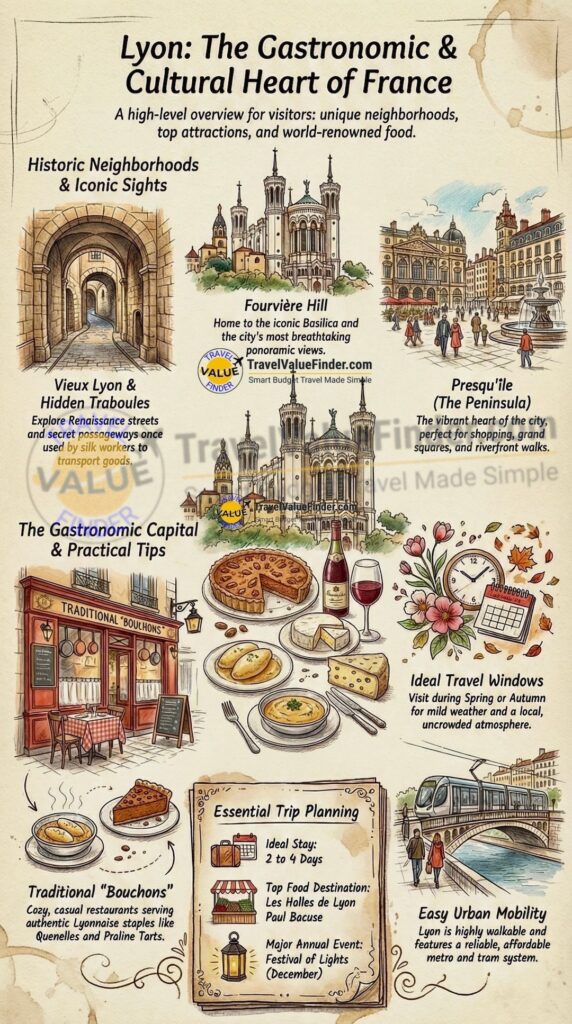 Infographic Highlighting the Best Things to Do in Lyon France First-Time Visitors Guide