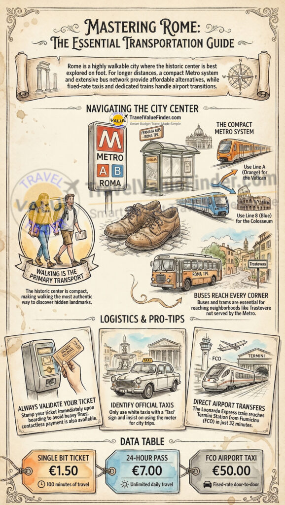 Infographic Illustrating Getting Around Rome Transportation in Rome-Metro - Buses - Taxis -Airport Transfers
