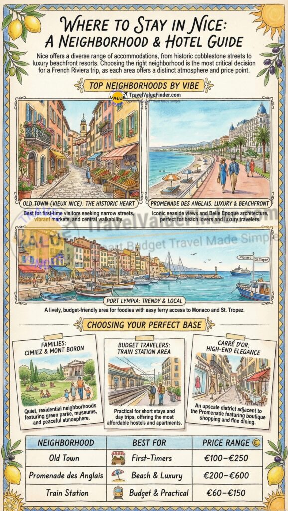 Infographic Illustrating Where to Stay in Nice France with Hotels & Neighborhoods