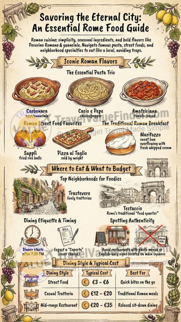 Infographic - Rome Food Guide - What to Eat, Where to Eat & Local Dishes
