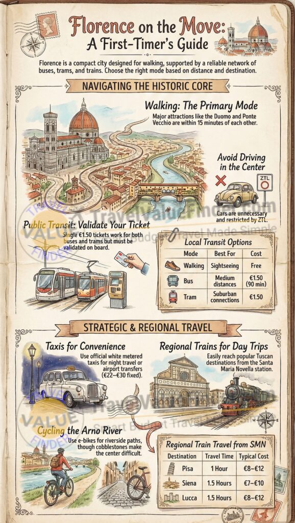 Transportation in Florence: How to Get Around as a First-Time Visitor 2 Infographic - Transportation in Florence - Walking, Buses, Trams & Trains Guide