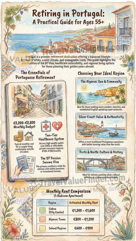 An infographic highlighting key considerations for your move, Retire in Portugal - A Warm, Practical Guide for People Over 55.