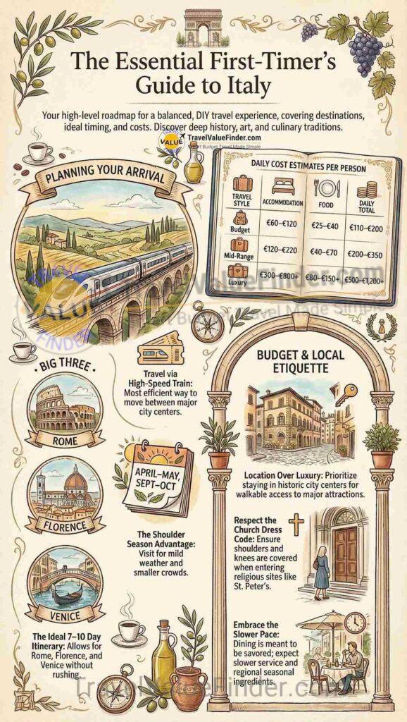 Italy Travel Guide For First-Time Visitors (2026) 2 Infographic on Exploring Italy - Italy Travel Guide