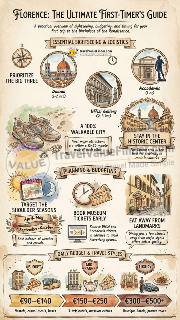 Infographic on Florence Travel Guide - Best Things to Do, Costs, Hotels & Tips