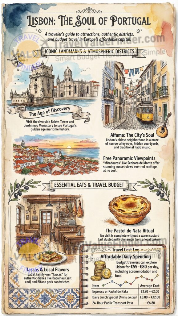 Infographic on Lisbon Travel Guide with Attractions, Food & Budget Tips