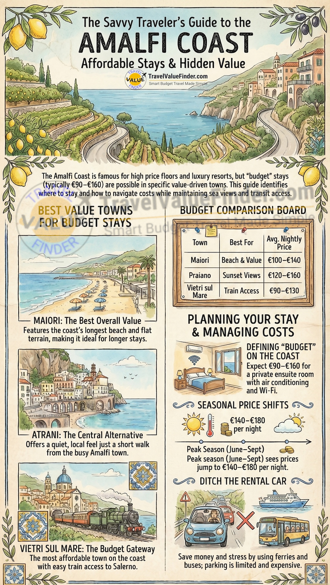 Infographics Illustrating the Best Budget Hotels on the Amalfi Coast, Italy