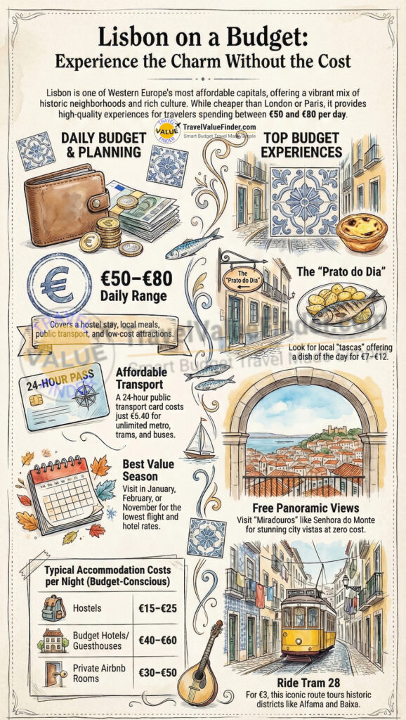 Lisbon on a Budget: Cheap Things to Do, Eat & Stay | Travel Guide 2 Infographics Illustrating Lisbon on a Budget - Cheap Things to Do, Eat & Stay - Travel Guide