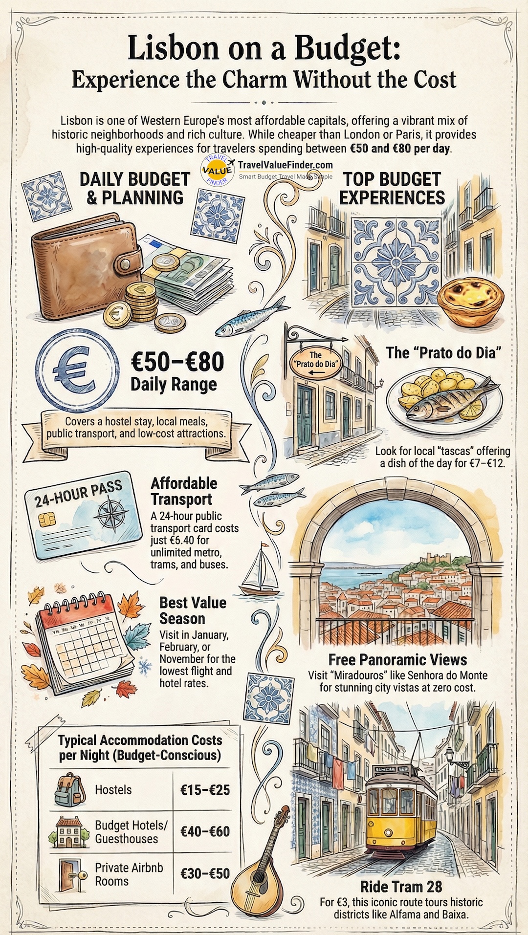 Lisbon on a Budget: Cheap Things to Do, Eat & Stay | Travel Guide 2 Infographics Illustrating Lisbon on a Budget - Cheap Things to Do, Eat & Stay - Travel Guide