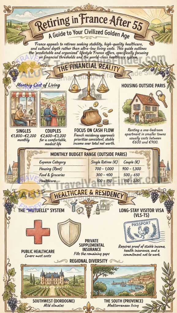 Retire in France After 55: Healthcare, Cost, Visas & Lifestyle Explained 2 Infographic - Retire in France After 55 - Healthcare, Cost, Visas & Lifestyle Explained