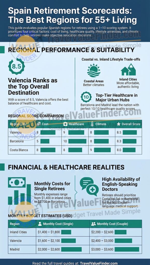 Spain Retirement Scorecards - Compare Cities & Regions for Expats and Retirees Living - Infographic