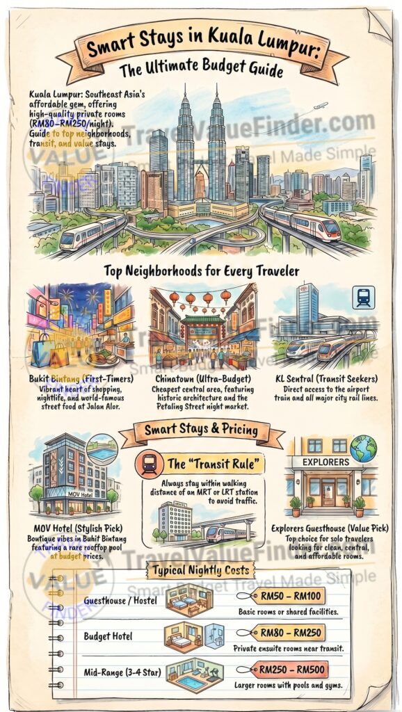 Best Budget Hotels in Kuala Lumpur | Cheap Stays Near MRT & KLCC - Infographic