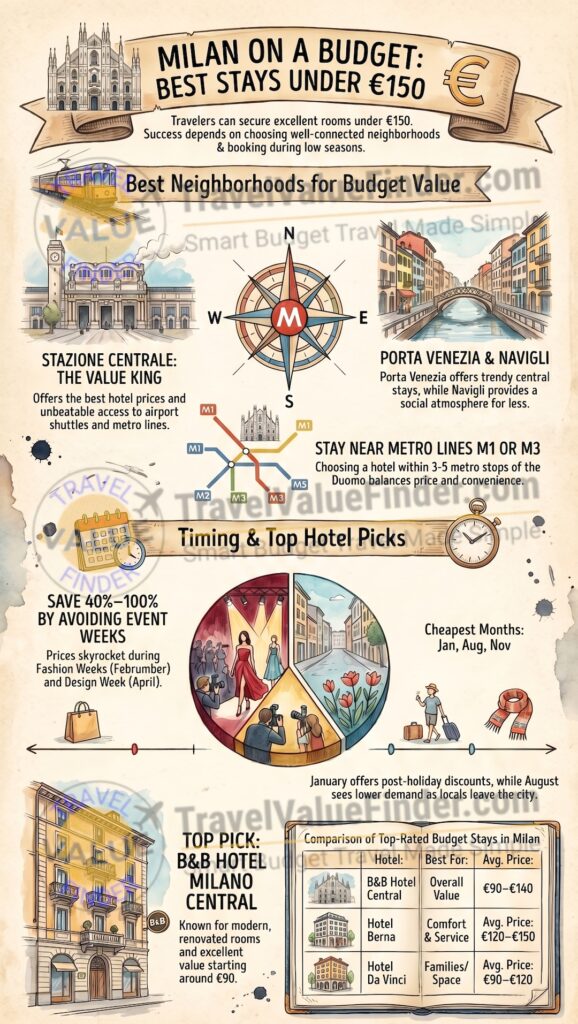 Cheap Hotels in Milan Under €150 (Best Budget Stays in 2026) 2 Cheap Hotels in Milan Under €150 - Best Affordable Budget Stays - Infographic