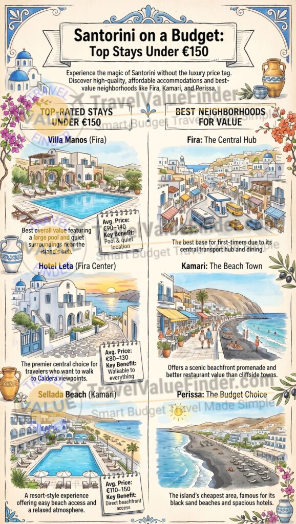 Infographic - Cheap Hotels in Santorini Under €150 - Best Affordable Stays