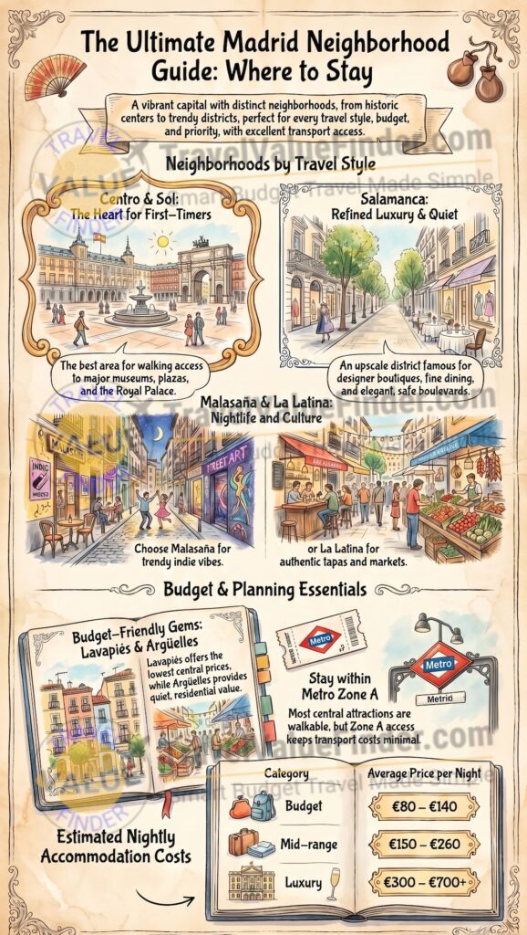 Where to Stay in Madrid - Best Areas & Neighborhood Guide for First-Time Visitors Infographic