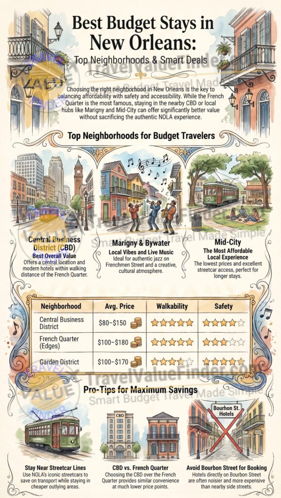 Best Budget Hotels in New Orleans - Affordable Stays in Top Areas - Infographic