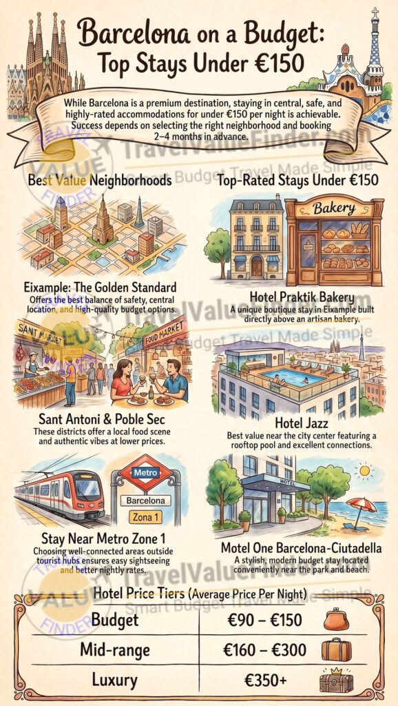 Cheap Hotels in Barcelona Under €150 - Best Budget Affordable Hotels - Infographic