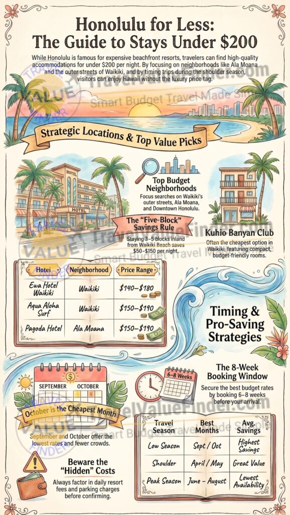 Cheap Hotels in Honolulu Under $200 - Budget Hotels Near Waikiki - Infographic