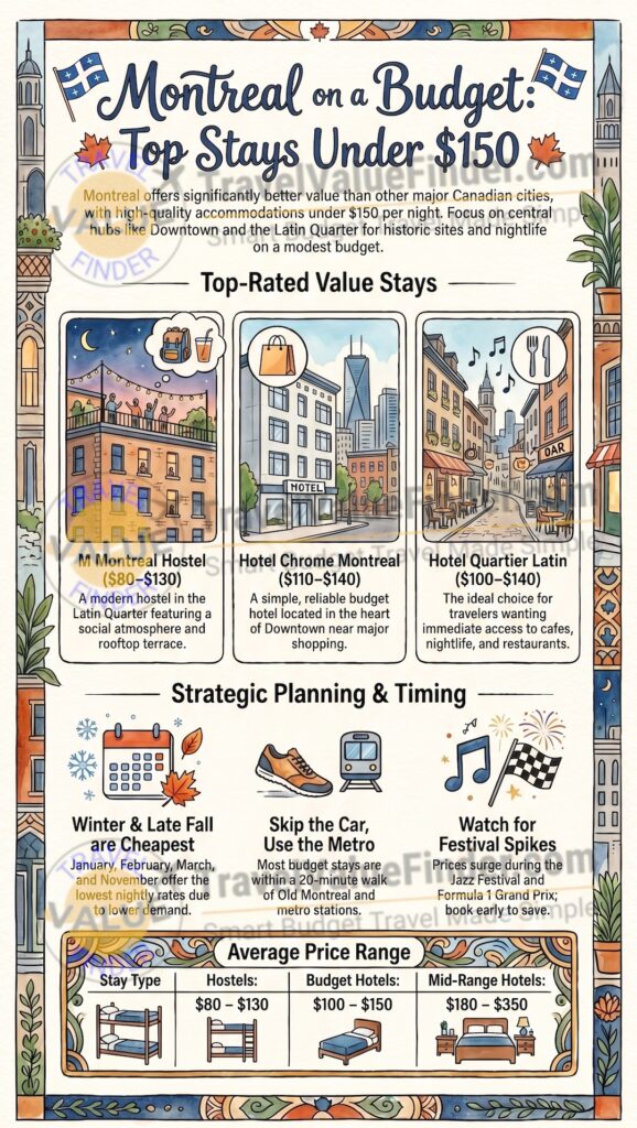 Cheap Hotels in Montreal Under $150 - Best Budget Stays for Travelers Guide - Infographic
