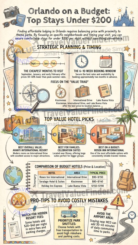 Cheap Hotels in Orlando Under $200 - Best Budget Stays Near Disney - Infographic