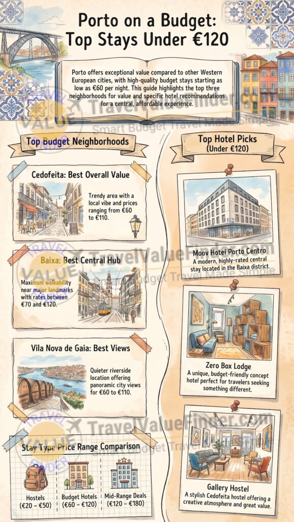 Cheap Hotels in Porto - Best Budget Stays Under €120 - Infographic