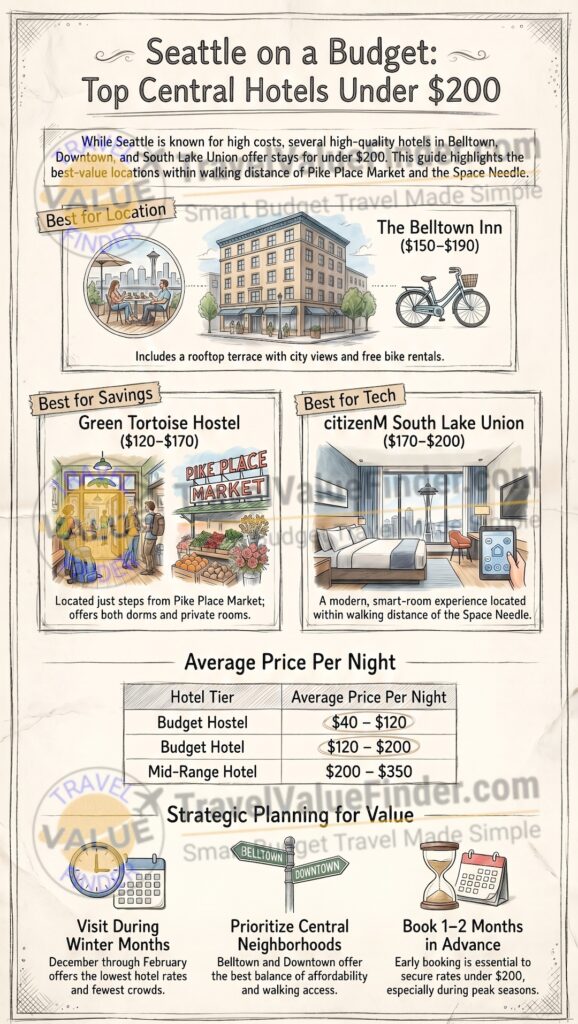 Cheap Hotels in Seattle Under $200 - Best Affordable Budget Hotels - Infographic