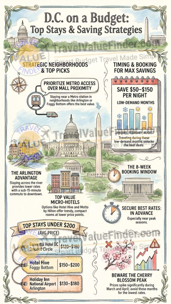 Cheap Hotels in Washington DC Under $200 - Budget Hotels Near the National Mall - Infographic