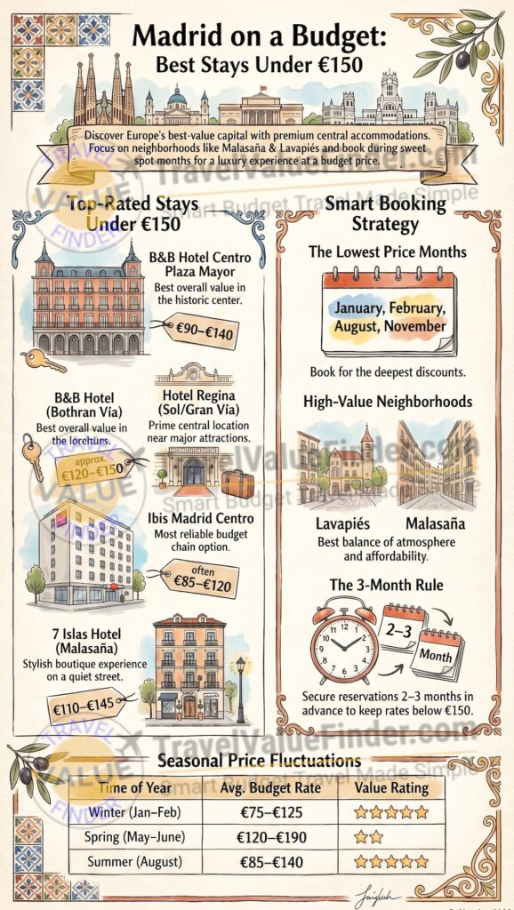 Infographic - Cheap Hotels in Madrid Under €150 (Best Budget Hotels)