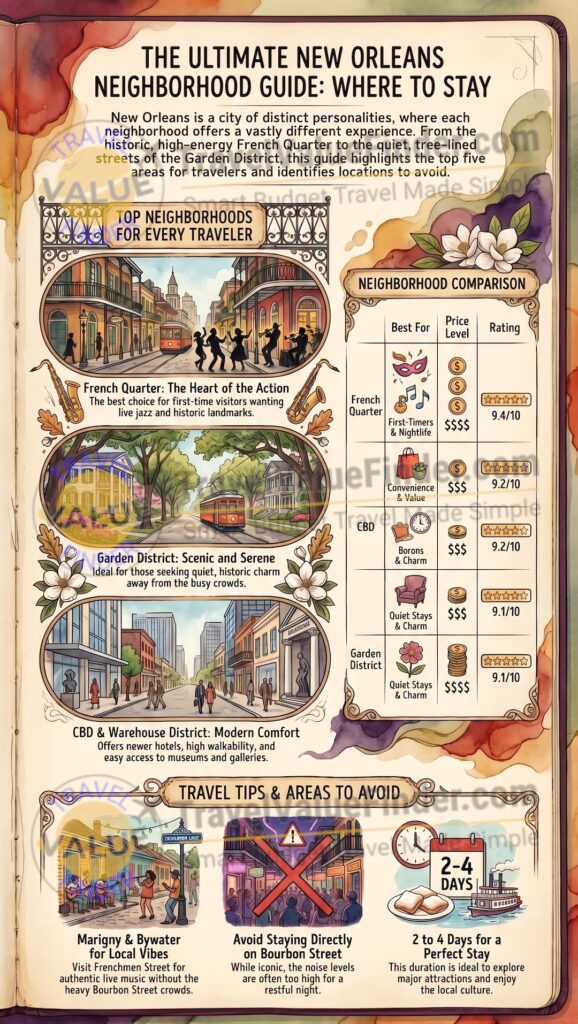 Where to Stay in New Orleans - Best Areas, Hotels & Neighborhoods for Every Budget - Infographic