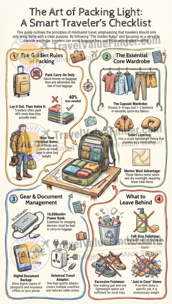 Essential Travel Packing List - What to Bring and What to Leave Behind - Infographic