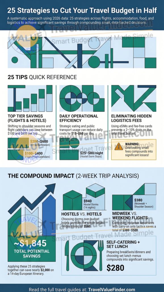 How to Travel Cheap: 25 Tips to Cut Your Travel Budget in Half 2 How to Travel Cheap - 25 Tips to Cut Your Travel Budget in Half - Infographic