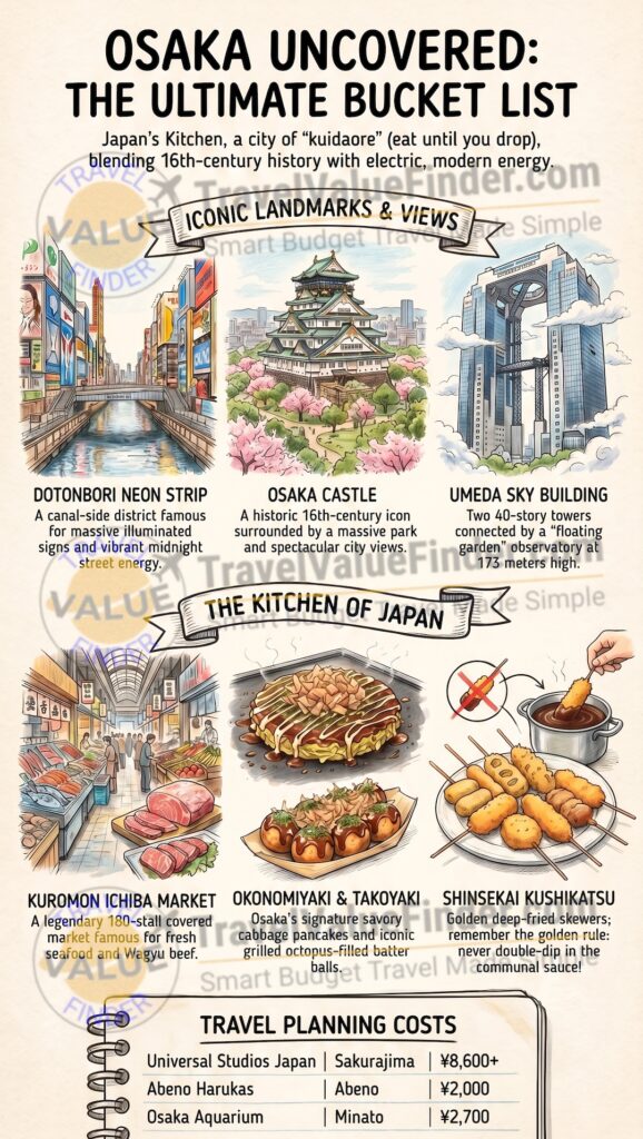 Infographic - 25 Best Things to Do in Osaka -  The Ultimate Osaka Bucket List - Food, Culture, Nightlife & Hidden Gems