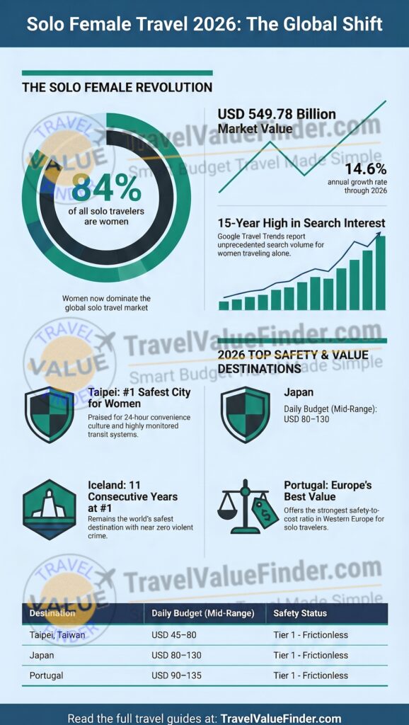 Solo Female Travel 2026 - Safety, Stats & Best Destinations - Infographic