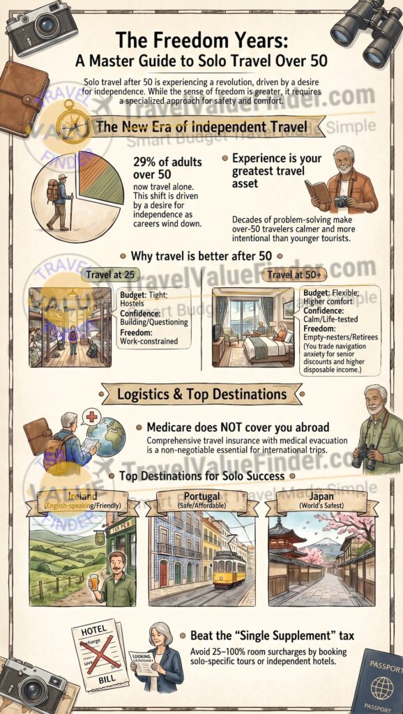 Solo Travel Over 50 - Tips, Destinations & Budget Advice-Infographic
