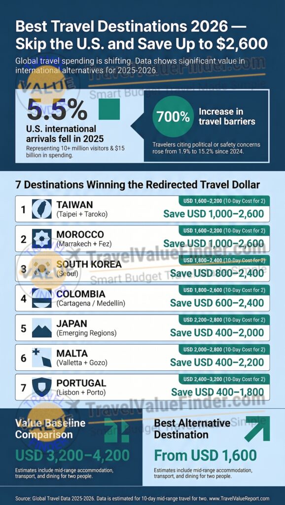 Best travel destinations 2026 infographic — 7 destinations with cost comparisons for budget travelers