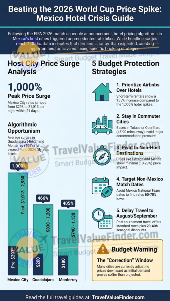 Mexico World Cup hotel prices 2026 infographic — all host cities compared with 5-strategy booking guide