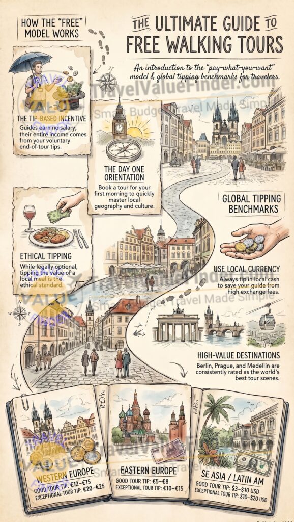 Free Walking Tours Around the World - A City-by-City Travel Budget Guide - Infographic