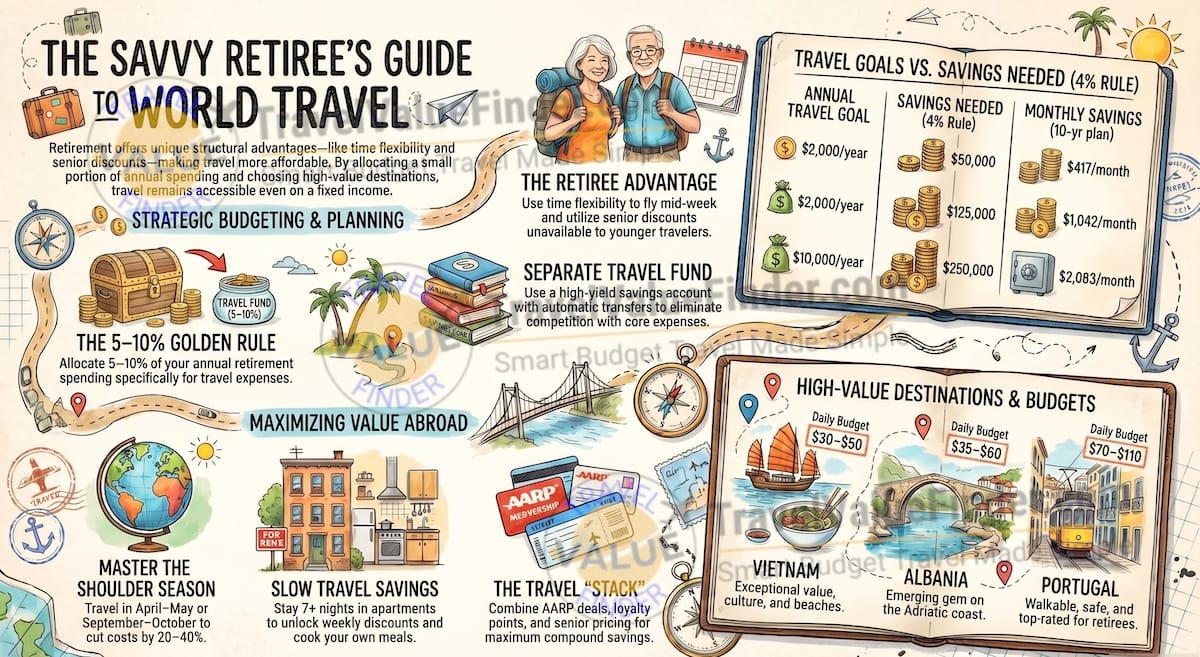 How to Afford Travel in Retirement on a Fixed Income - Savvy Retiree World Travel Guide Infographic - Travel Value Finder