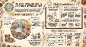 How to Eat Cheaply While Traveling - Eating on a Budget - Infographic