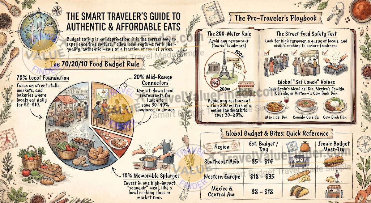 How to Eat Cheaply While Traveling - Eating on a Budget - Infographic