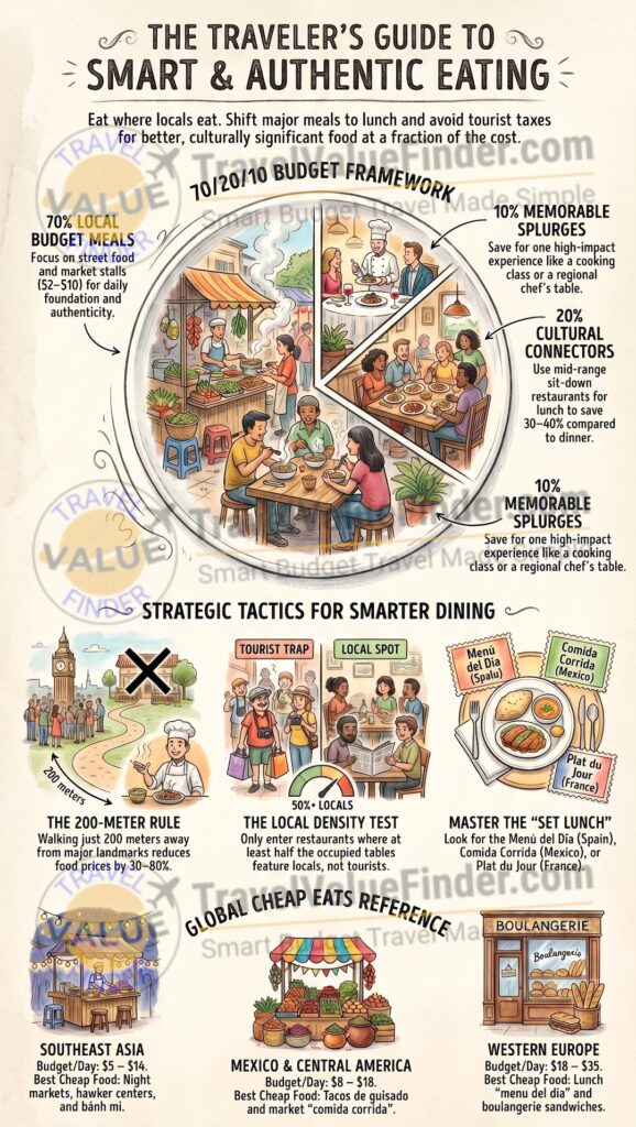 How to Eat Cheaply While Traveling - Eating on a Budget While Traveling - Infographic
