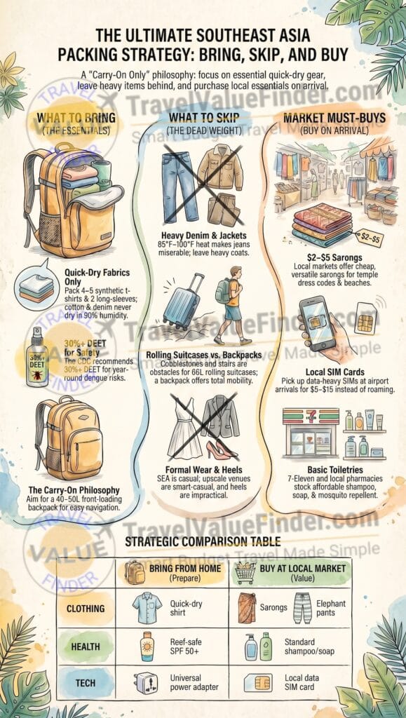 Packing List Southeast Asia - What to Bring, What to Skip, and What to Buy When You Get There Infographic